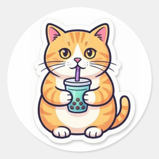 Rond Orange Cat Drinking Juice Sticker Funny Cute Cat (Devant)