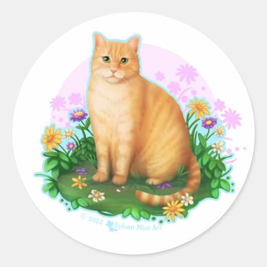 Rond Orange Cat in the Flower Patch Sticker (Devant)