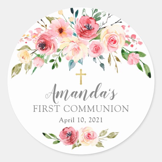 Rond Peonies Rose Floral First Communion Sticker (Devant)