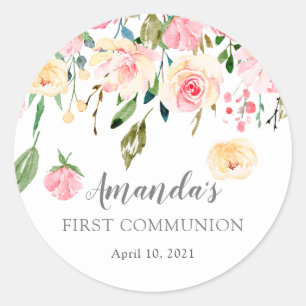 Rond Peonies Rose Floral First Communion Sticker