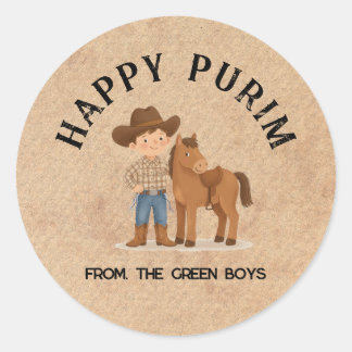Rond Personalized Happy Purim Round Sticker - Cowboy