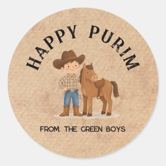 Rond Personalized Happy Purim Round Sticker - Cowboy (Devant)