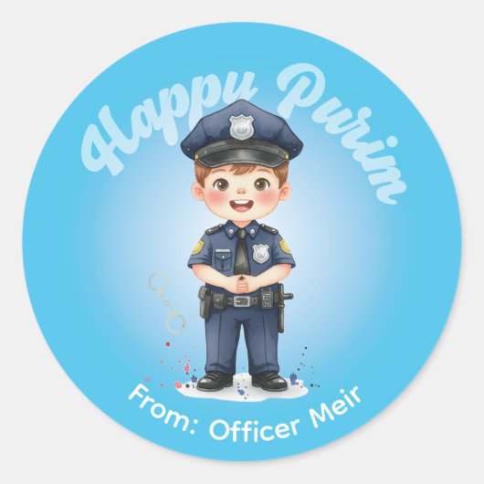 Rond Personalized Purim Sticker - Police Theme (Devant)