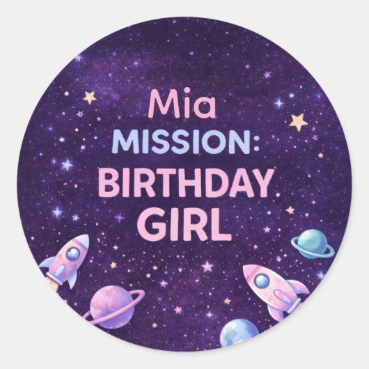Rond Personalized Space Birthday Girl Party Sticker (Devant)
