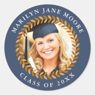 Rond Photo Graduation Sticker Laurel Wreath Navy Round