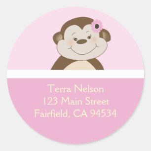 Rond Pink Bambino Girl Monkey Adresse de retour Sticker