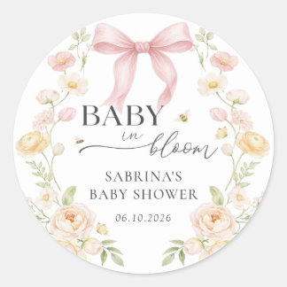 Rond Pink Bow Baby In Bloom Baby Shower Sticker