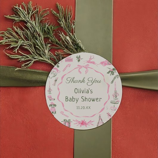 Rond Pink Bow Christmas Baby Shower Sticker