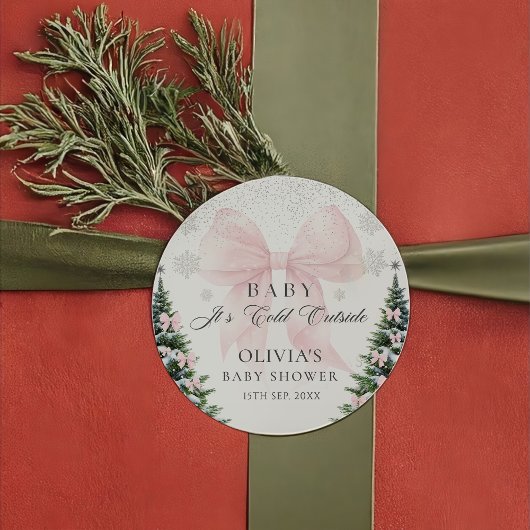 Rond Pink Bow It's Cold Outside Baby Shower Sticker