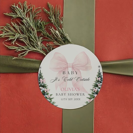 Rond Pink Bow It's Cold Outside Baby Shower Sticker
