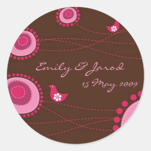 Rond Pink Dotted Flowers & Happy Bird Mariage Sticker