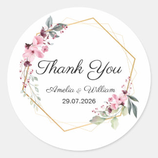 Rond Pink Elegant Floral Thank You Wedding Sticker