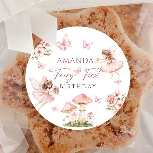 Rond Pink Fairy First Birthday Party Sticker