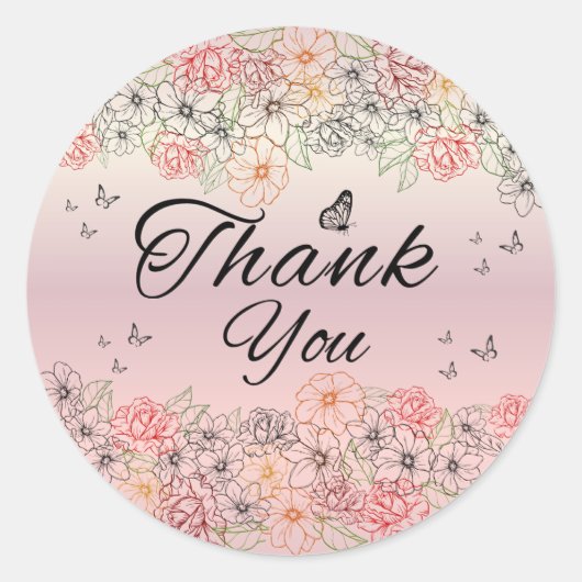 Rond Pink Floral Butterfly Round Thank You Sticker (Devant)