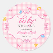Rond Pink Gingham Floral Bow Baby Shower Sticker (Devant)