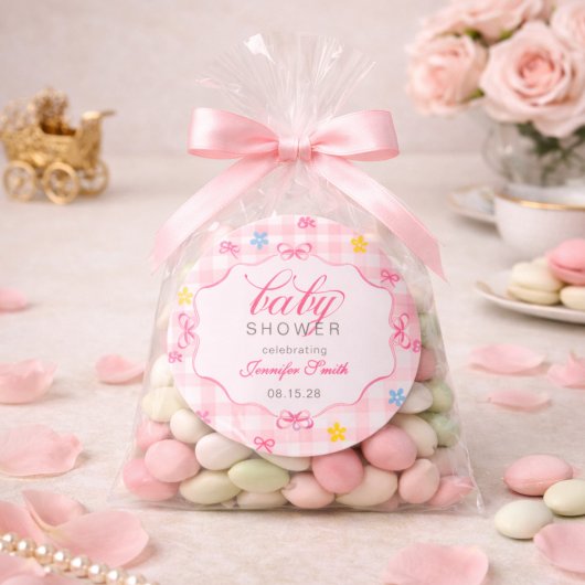 Rond Pink Gingham Floral Bow Baby Shower Sticker