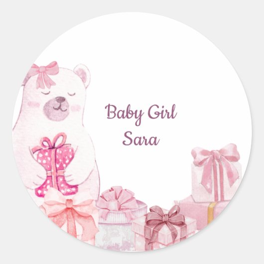 Rond Pink Teddy Bear Baby Shower Favor Sticker (Devant)
