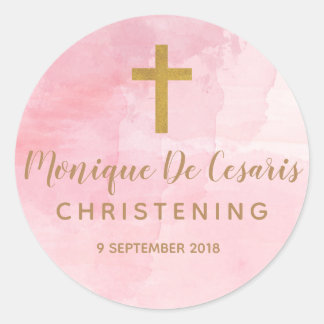 Rond Pink Watercolor Gold Cross Christening sticker