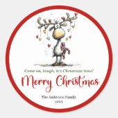 Rond Playful funny deer sticker red green doodle style (Devant)