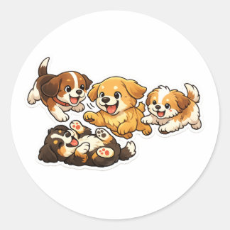 Rond Playful Puppies Sticker – Cute Cartoon Dog Design
