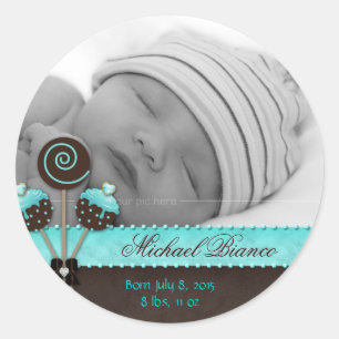 Rond Pops de gâteau Baby Boy Sticker Blue Brown Candy
