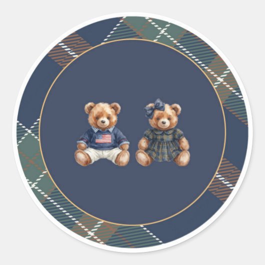 Rond Preppy Teddy Bear Sticker Navy Plaid (Devant)