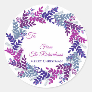 Rond Purple Berry Wreath Name Sticker cadeau de Noël