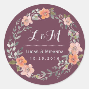 Rond Purple Rustique Fleur Wreath Wedding Favor Sticker