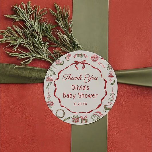 Rond Red Bow Christmas Baby Shower Sticker 