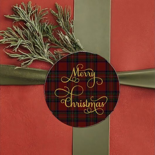 Rond Red Green Tartan Plaid Merry Christmas Sticker