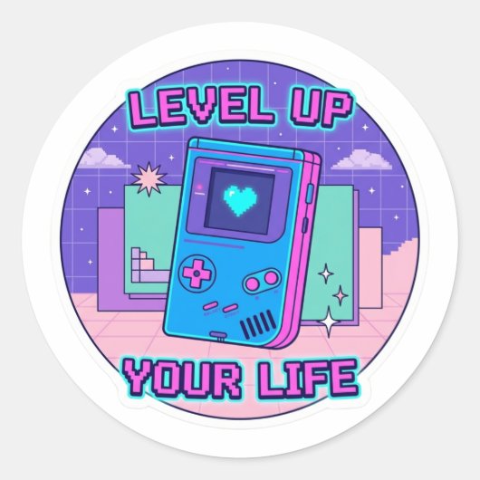 Rond Retro Gamer Level Up Sticker - 8-Bit Pixel Art Des (Devant)