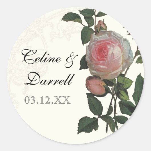 Rond Rose botanique, Sticker Mariage noir ou Sceau (Devant)