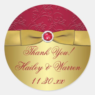 Rond Rouge, Or Floral Mariage Favor Sticker Merci