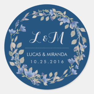 Rond Rustique Blue Floral Wreath Wedding Favor Sticker