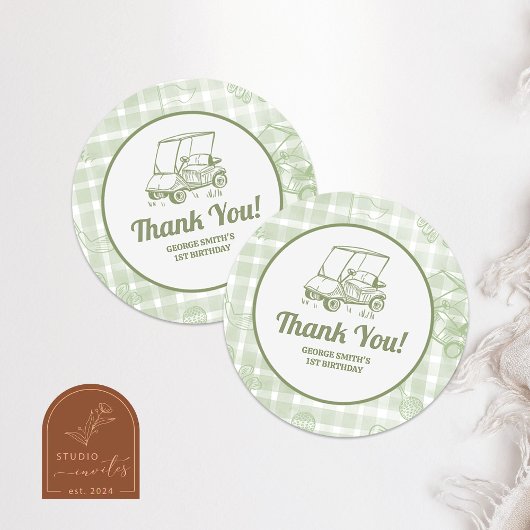 Rond Sage Green Gingham Golf Birthday Thank You Sticker