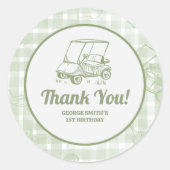 Rond Sage Green Gingham Golf Birthday Thank You Sticker (Devant)