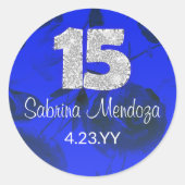 Rond Sapphire Bleu Quinceanera Silver #15 Round Sticker (Devant)