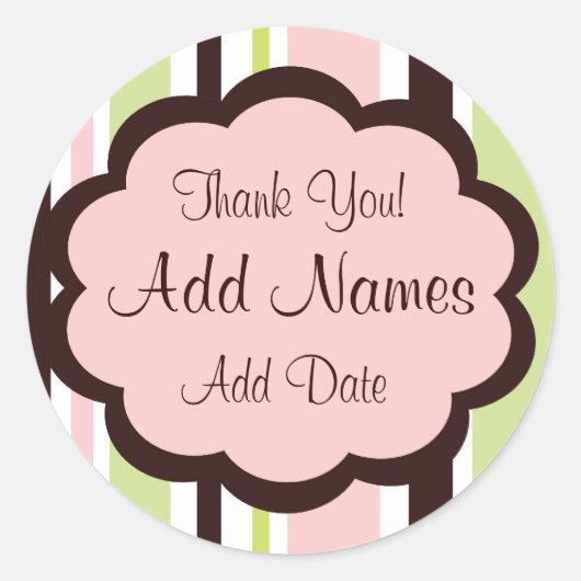 Rond Sassy Stripe rose et Brown Mariage Favor Sticker (Devant)