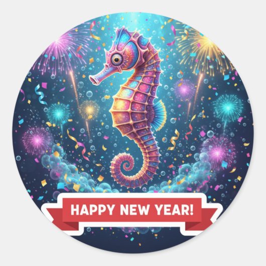 Rond Seahorse New Year Celebration Sticker (Devant)