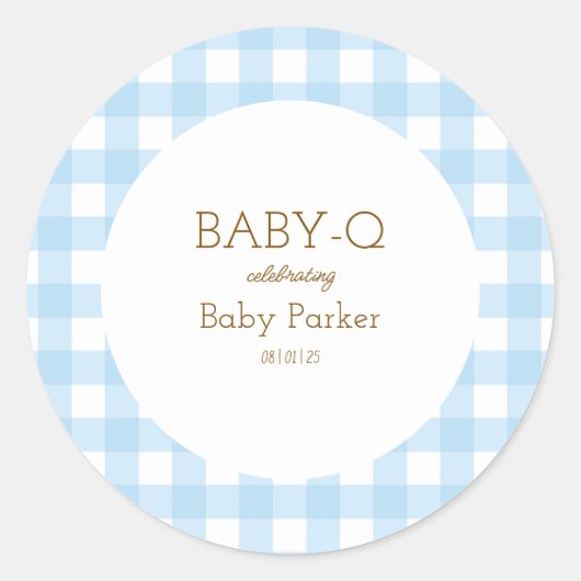Rond Simple Blue Gingham Baby Shower Sticker (Devant)