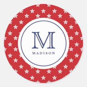 Rond Sticker 4 juillet Étoiles Rouge Bleu Monogramme