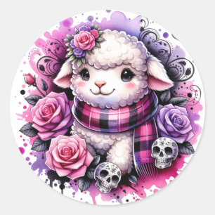 Rond Sticker à agneau adorable avec crânes et Roses
