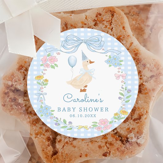 Rond Sticker à Baby shower floral soyeux de Bow bleu oi