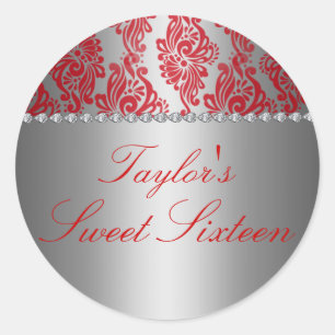 Rond Sticker à impression florale rouge et argent Sweet