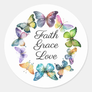 Rond Sticker à papillon foi, grâce et amour