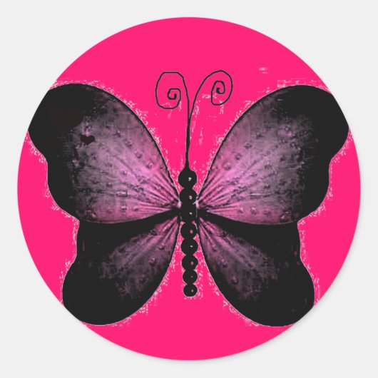 Rond Sticker à papillon noir et rose chaud (Devant)