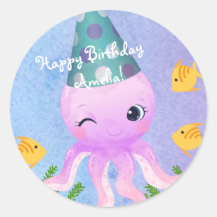 Rond Sticker à pieuvre convivial - Sous l'anniversaire