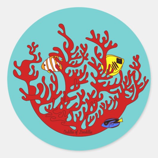 Rond Sticker Art Poissons et Corail Doodle (Devant)