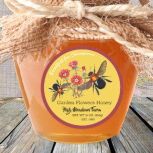 Rond Sticker au miel, Abeille, Fleurs de jardin, Vintag