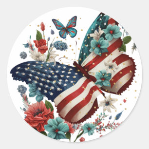 Rond Sticker avec Papillon et Fleurs Bleu et Blanc Roug
